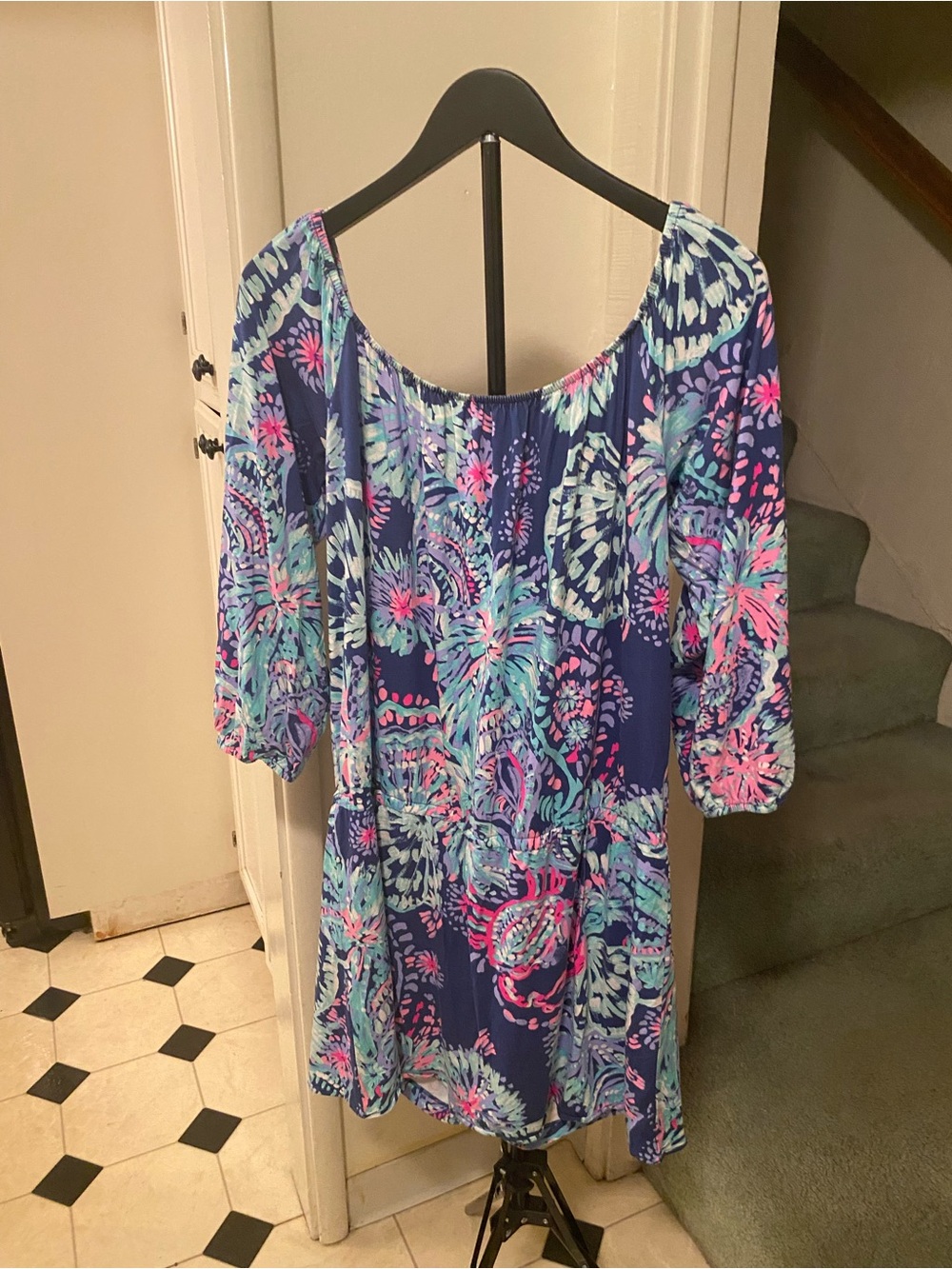 Lilly Pulitzer Navy Floral On/Off-Shoulder Romper skort with Pink & Aqua,size XL
